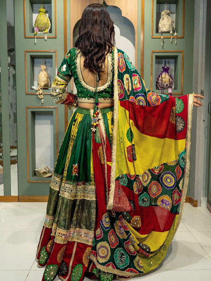 Festive Fusions Green & Red Patchwork Lehenga with Mirror Detailing