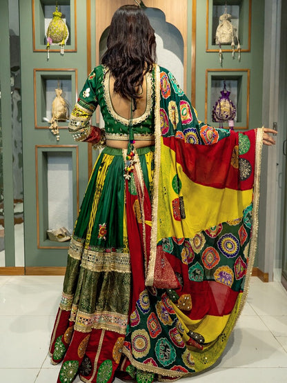 Festive Fusions Green & Red Patchwork Lehenga with Mirror Detailing