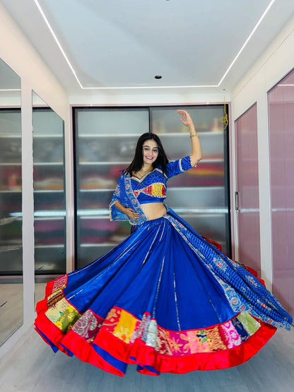 Blue Lehenga with Multicolor Patch Border