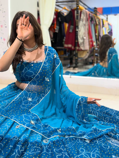 Ocean Blue Ombre Bandhej Festive Lehenga Set
