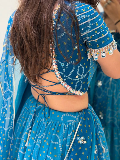 Ocean Blue Ombre Bandhej Festive Lehenga Set