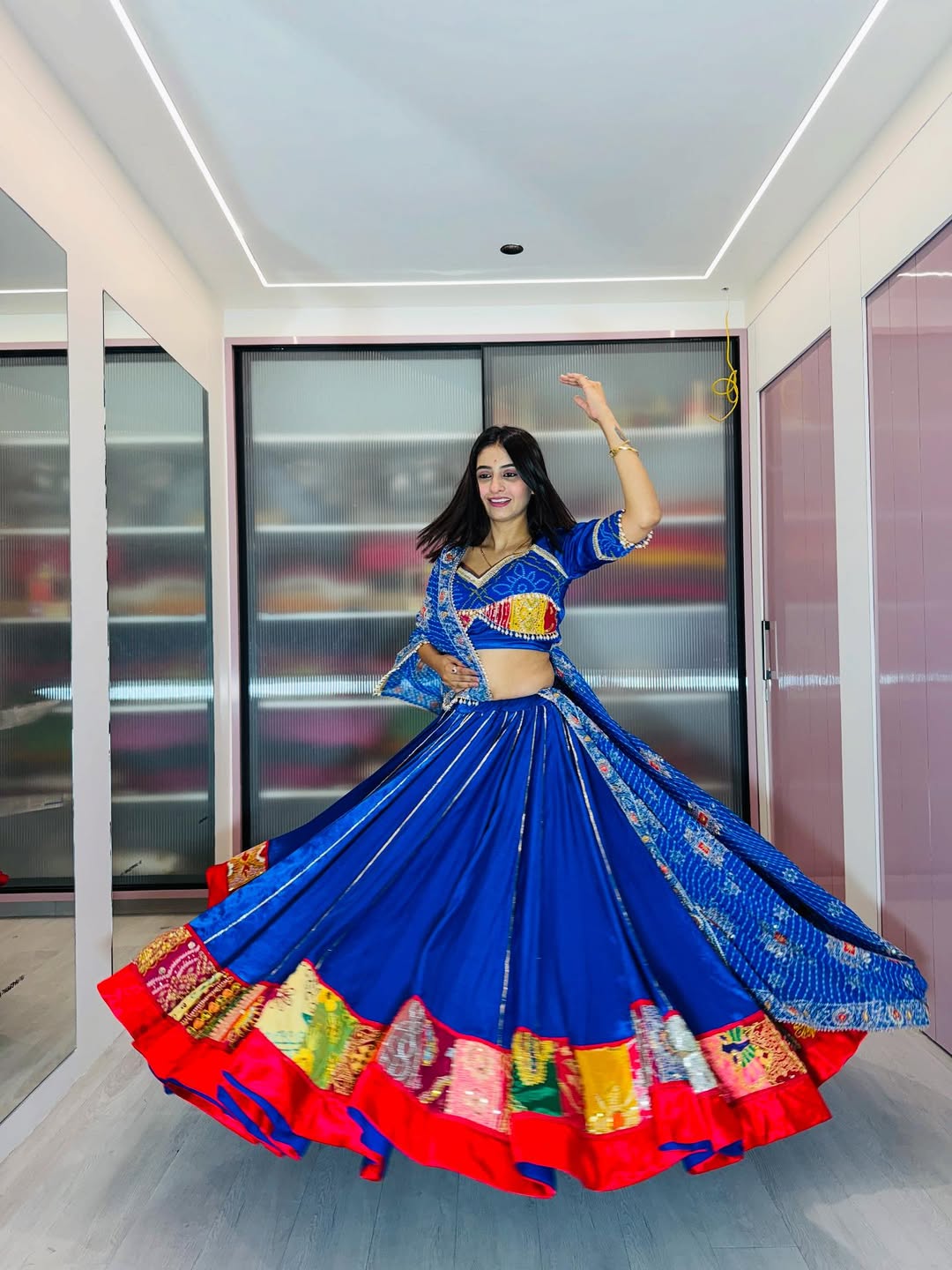 Blue Lehenga with Multicolor Patch Border
