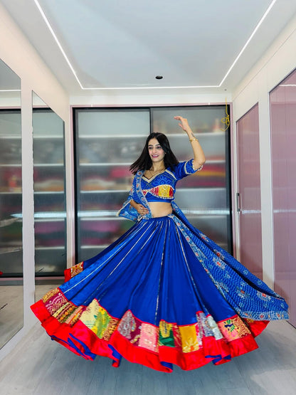 Blue Lehenga with Multicolor Patch Border