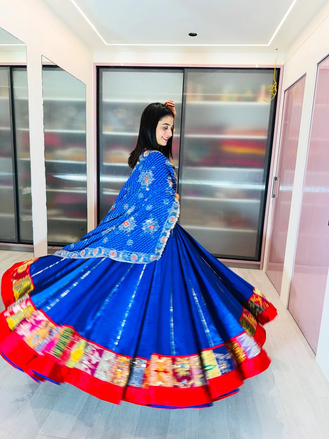 Blue Lehenga with Multicolor Patch Border