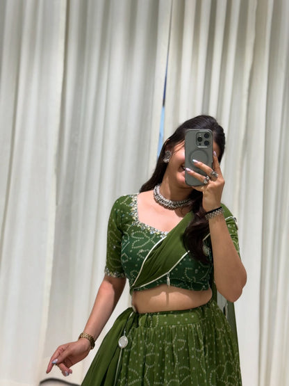 Deep Green Patola Inspired Bandhej Lehenga Set