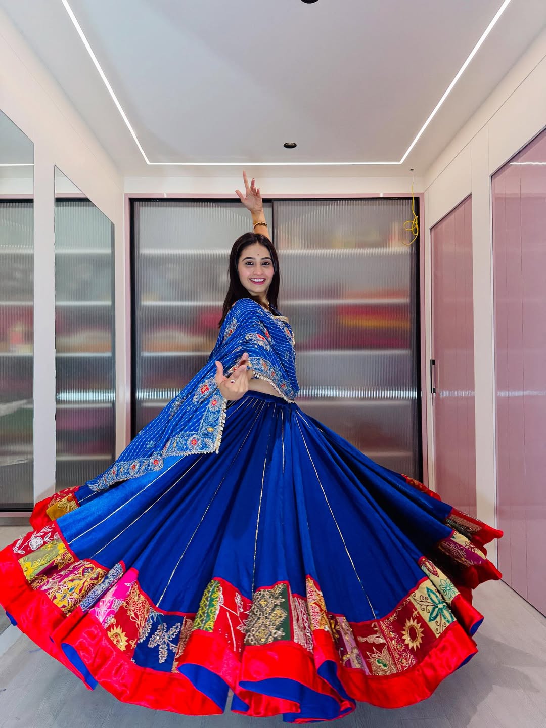 Blue Lehenga with Multicolor Patch Border