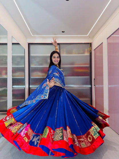 Blue Lehenga with Multicolor Patch Border