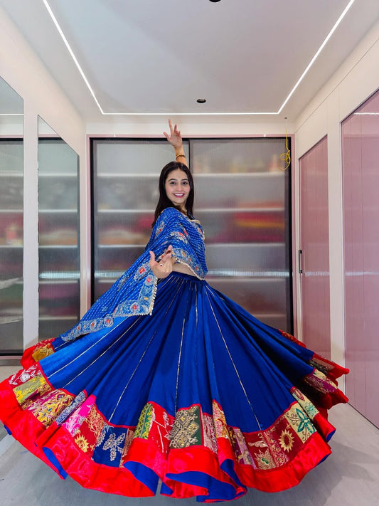 Blue Lehenga with Multicolor Patch Border