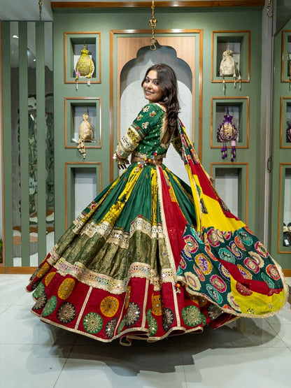 Festive Fusions Green & Red Patchwork Lehenga with Mirror Detailing