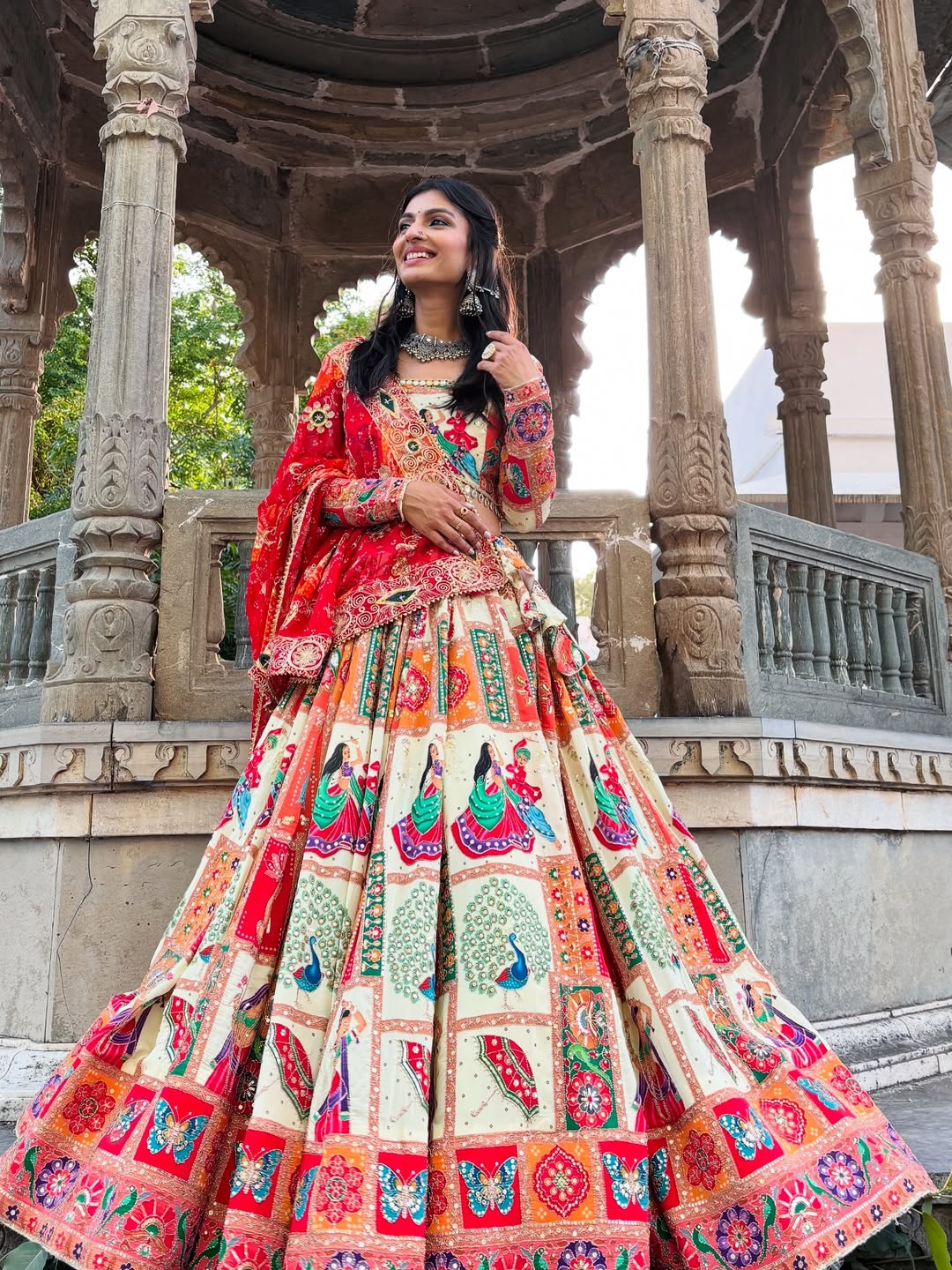 Cream-Red Patchwork Lehenga