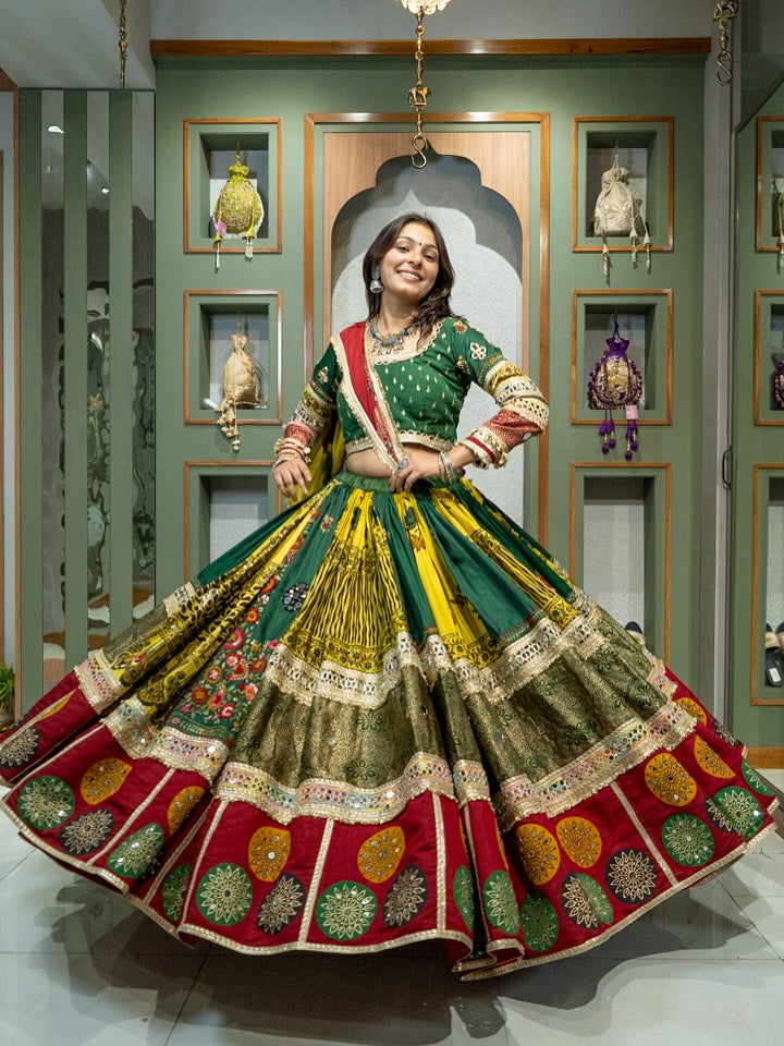 Festive Fusions Green & Red Patchwork Lehenga with Mirror Detailing