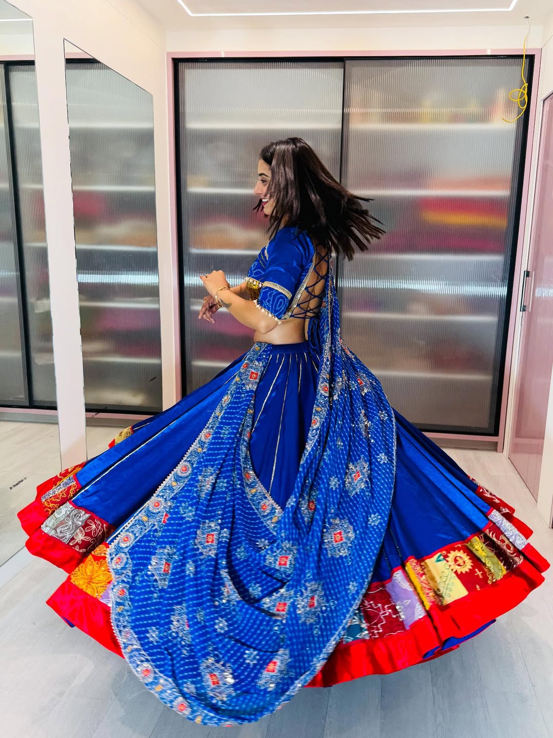 Blue Lehenga with Multicolor Patch Border