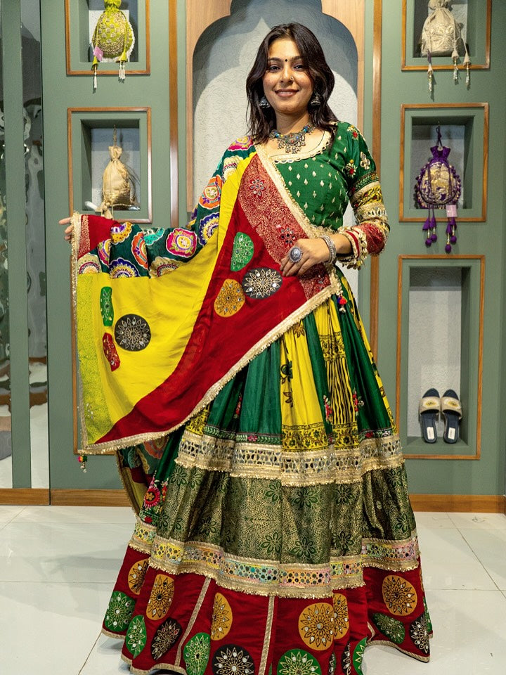 Festive Fusions Green & Red Patchwork Lehenga with Mirror Detailing