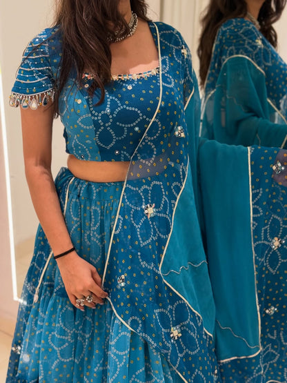 Ocean Blue Ombre Bandhej Festive Lehenga Set