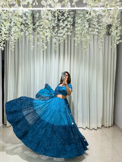 Ocean Blue Ombre Bandhej Festive Lehenga Set