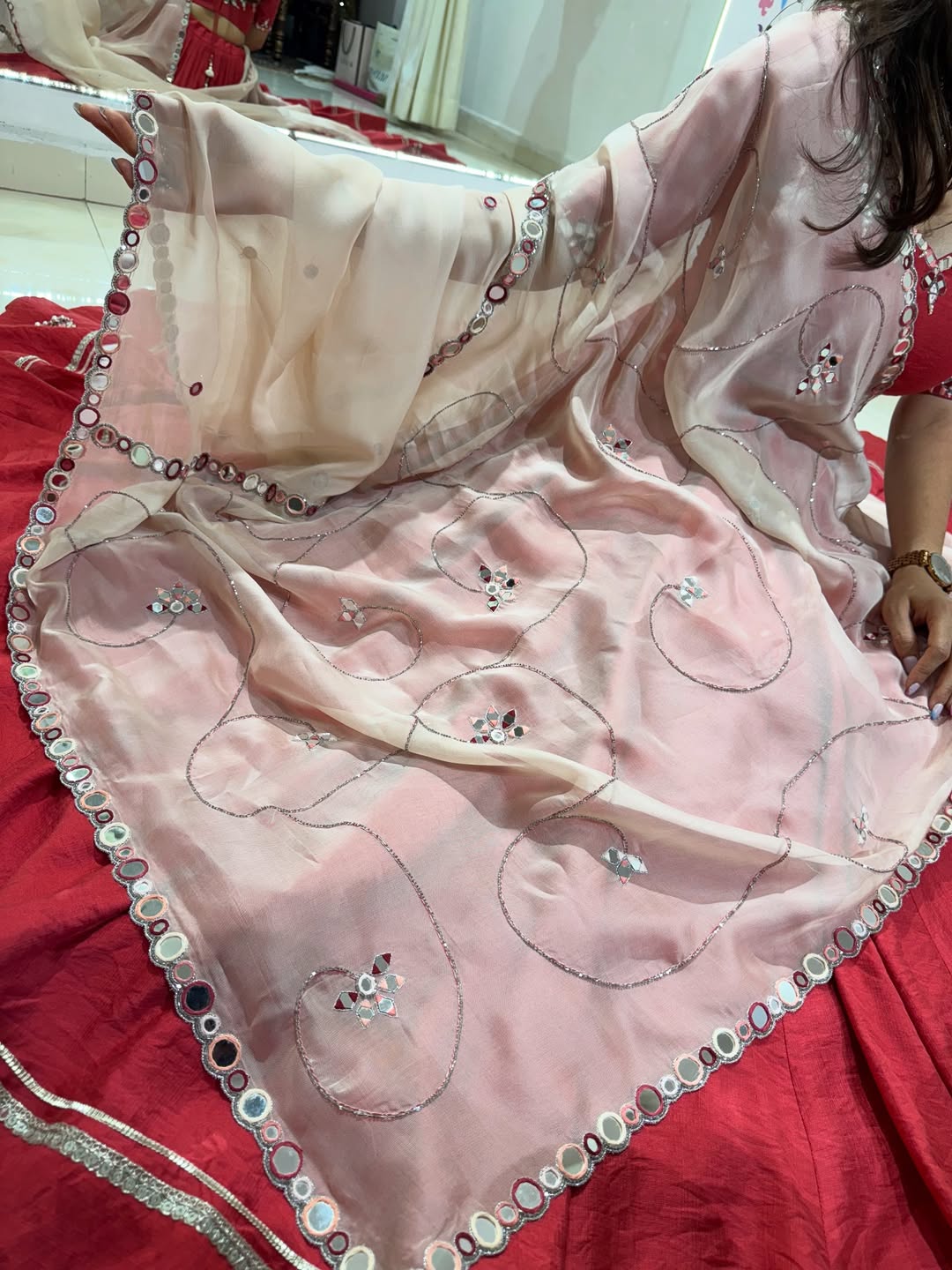 Maroon & Beige Hand Mirror Work Lehenga Choli Set