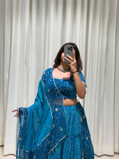 Ocean Blue Ombre Bandhej Festive Lehenga Set