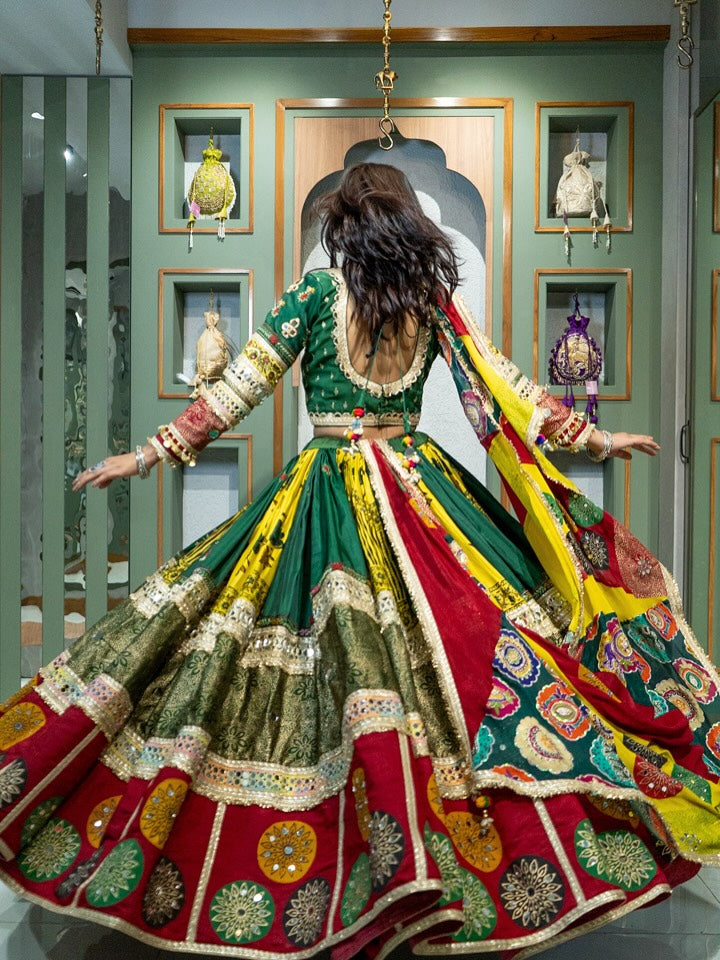 Festive Fusions Green & Red Patchwork Lehenga with Mirror Detailing