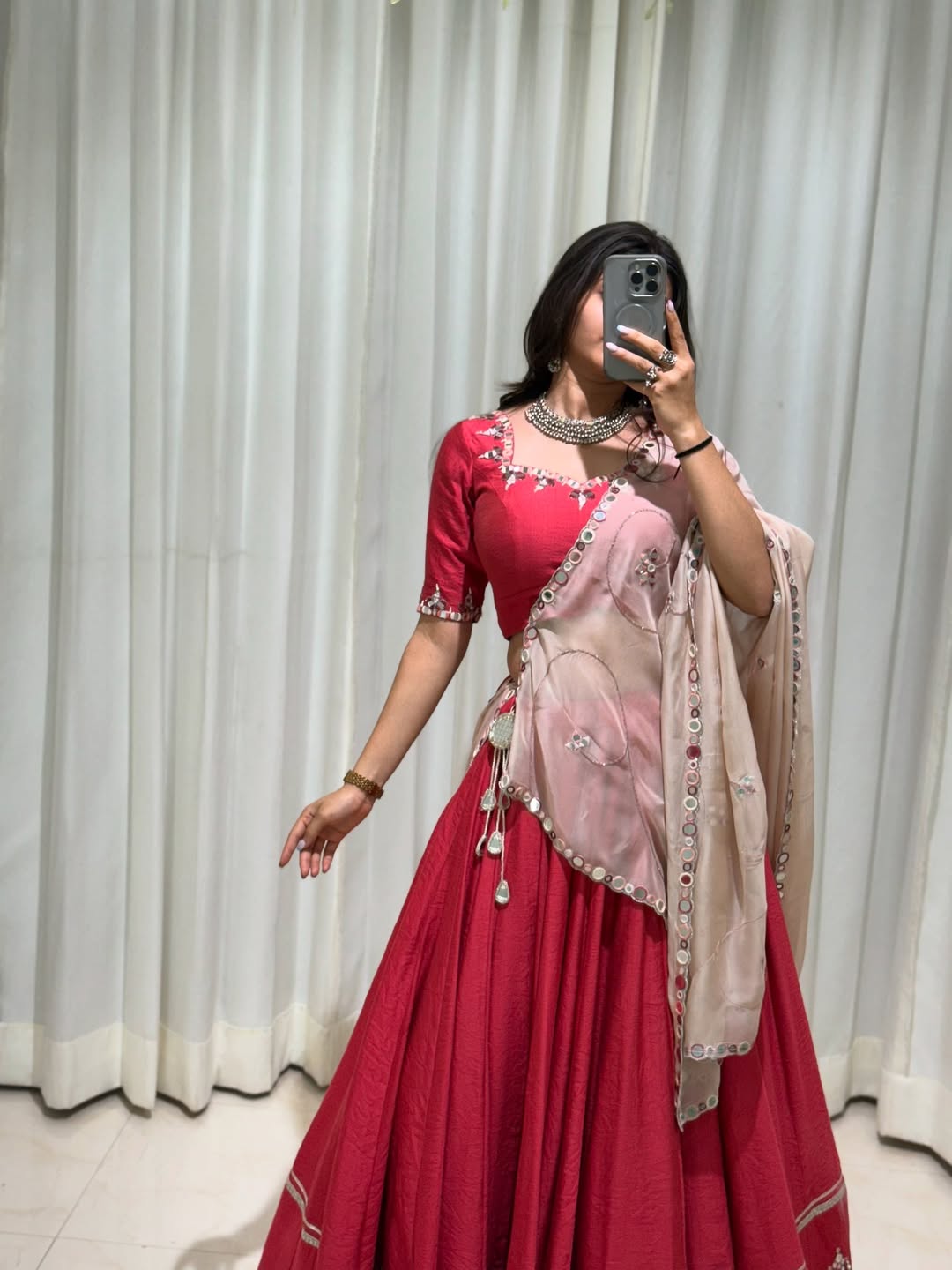 Maroon & Beige Hand Mirror Work Lehenga Choli Set