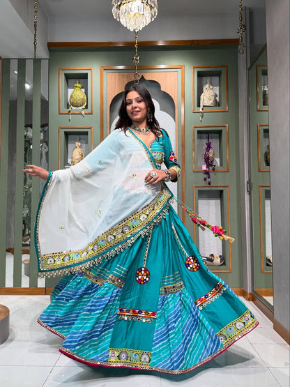 Teal Delight Patola Print Lehenga with Resham & Mirror Work