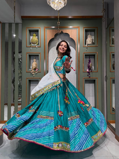 Teal Delight Patola Print Lehenga with Resham & Mirror Work