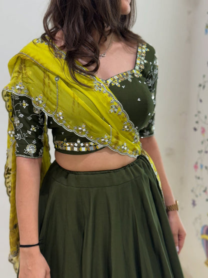 Olive Green Handcrafted Lehenga Set