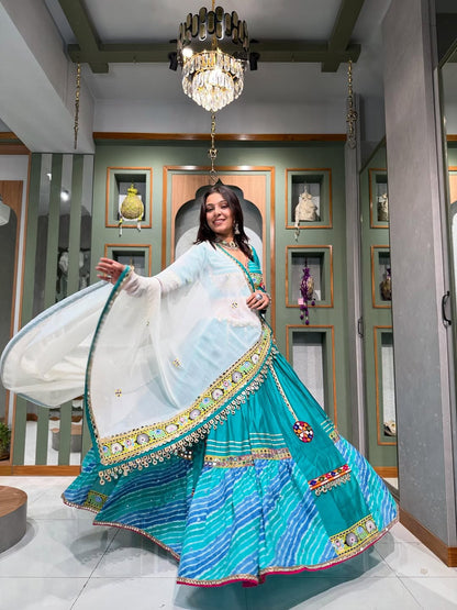 Teal Delight Patola Print Lehenga with Resham & Mirror Work
