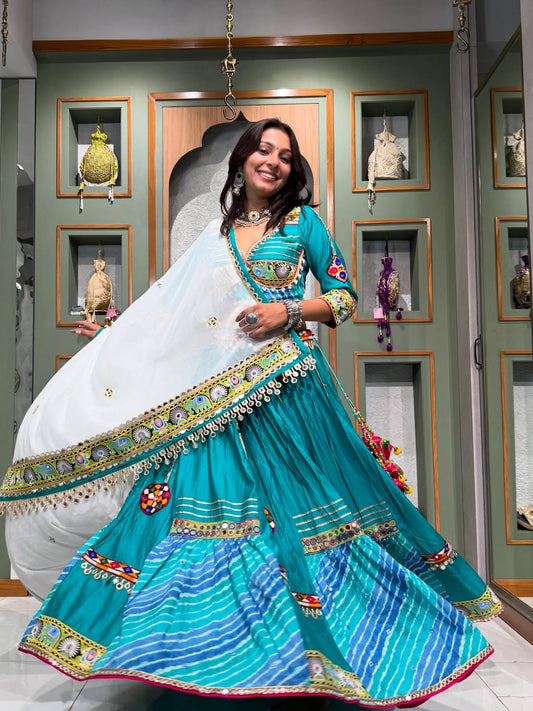 Teal Delight Patola Print Lehenga with Resham & Mirror Work