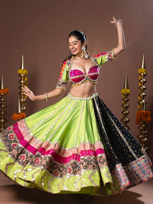 Lime Glow Elegance Patchwork Navratri Lehenga
