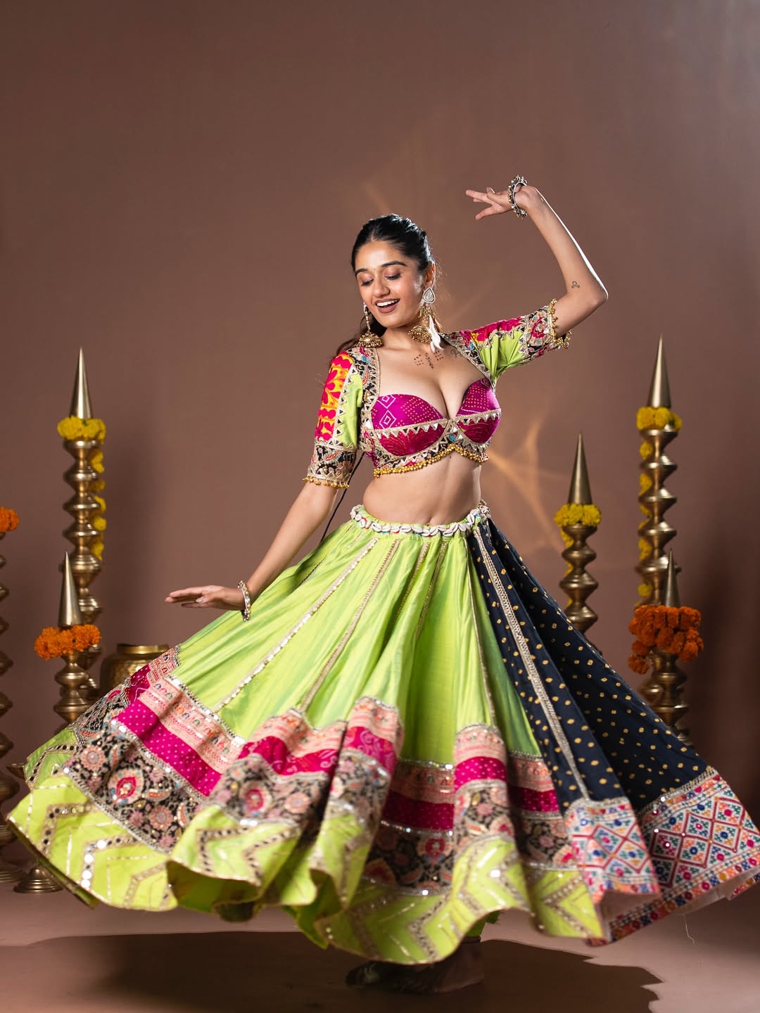 Lime Glow Elegance Patchwork Navratri Lehenga