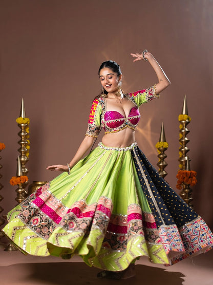 Lime Glow Elegance Patchwork Navratri Lehenga