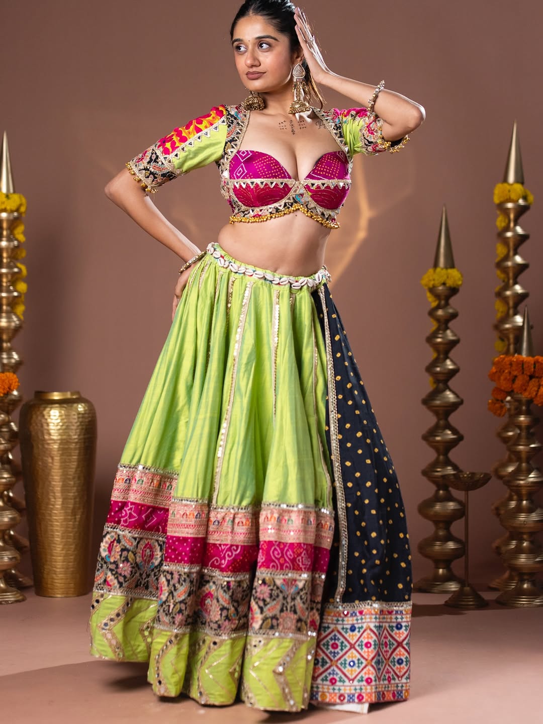 Lime Glow Elegance Patchwork Navratri Lehenga