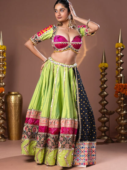 Lime Glow Elegance Patchwork Navratri Lehenga