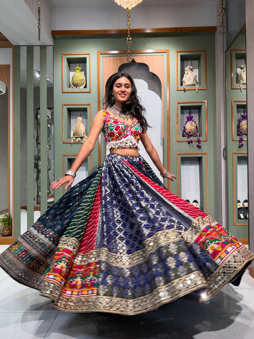 Midnight Blooms  Multicolor Lehenga with Mirror Embroidery