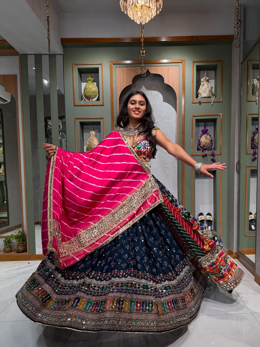 Midnight Blooms  Multicolor Lehenga with Mirror Embroidery