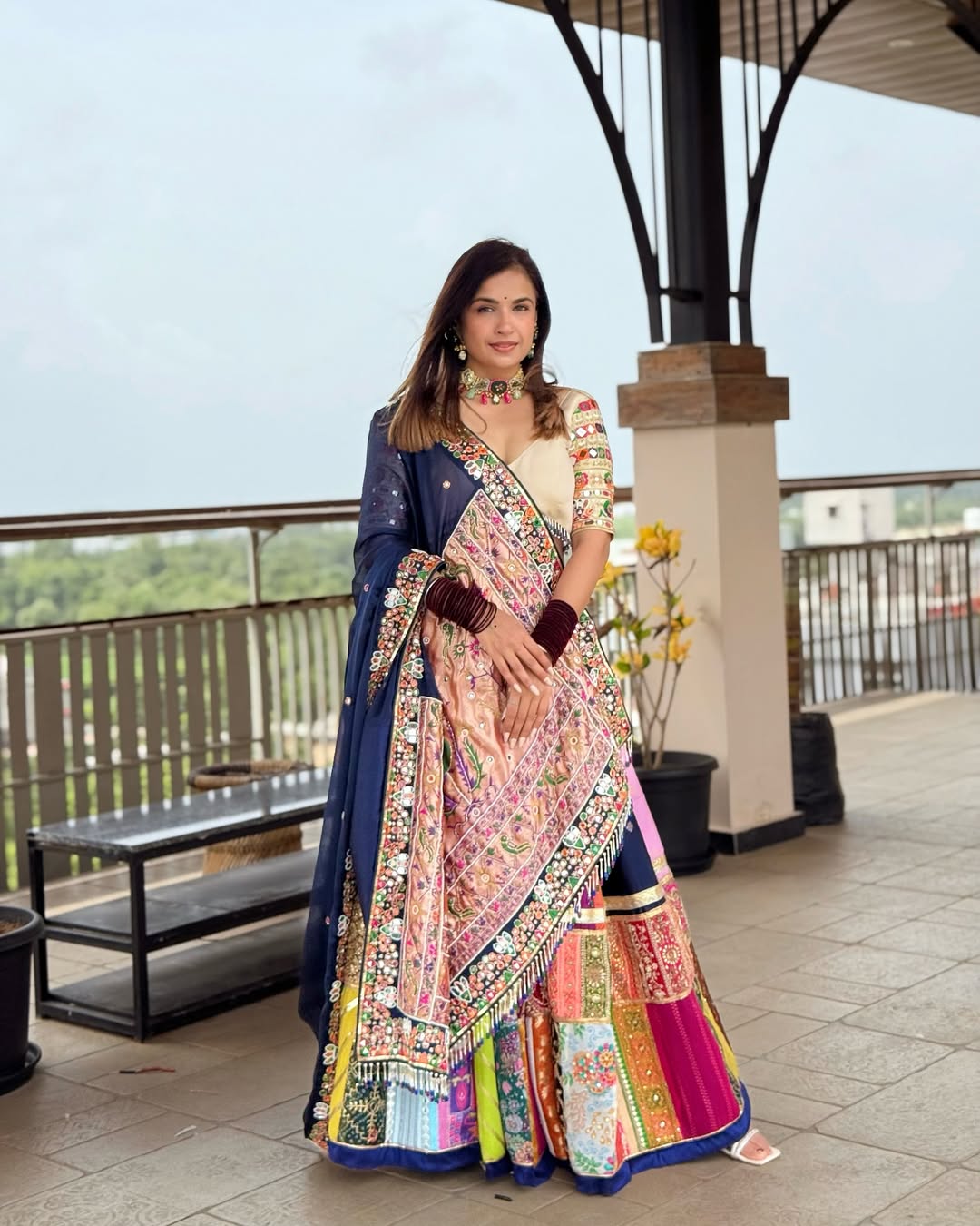 Multi-color patchwork with blue dupatta Lehenga