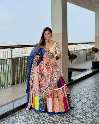 Multi-color patchwork with blue dupatta Lehenga