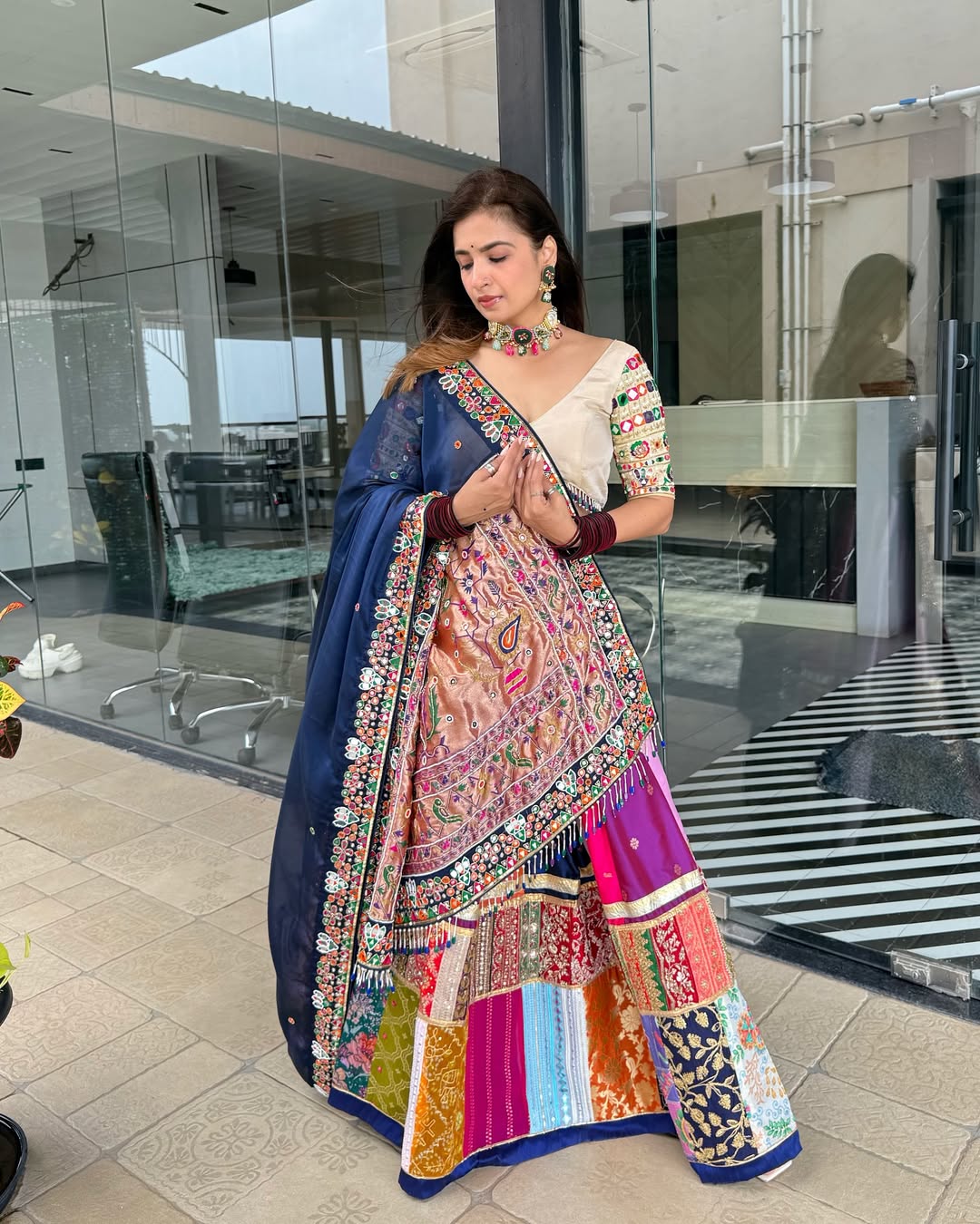Multi-color patchwork with blue dupatta Lehenga