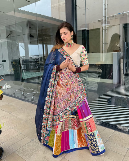 Multi-color patchwork with blue dupatta Lehenga