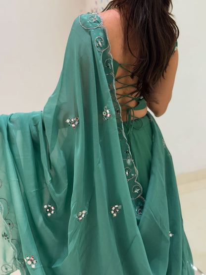 Teal Green Kashmiri Border Lehenga Set