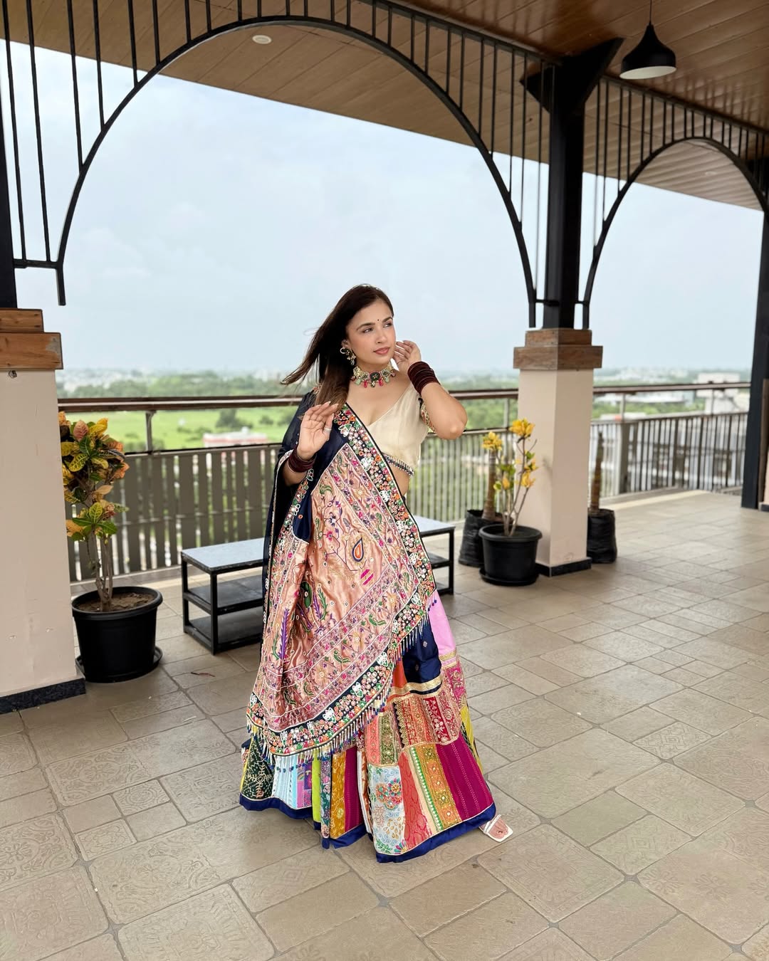 Multi-color patchwork with blue dupatta Lehenga