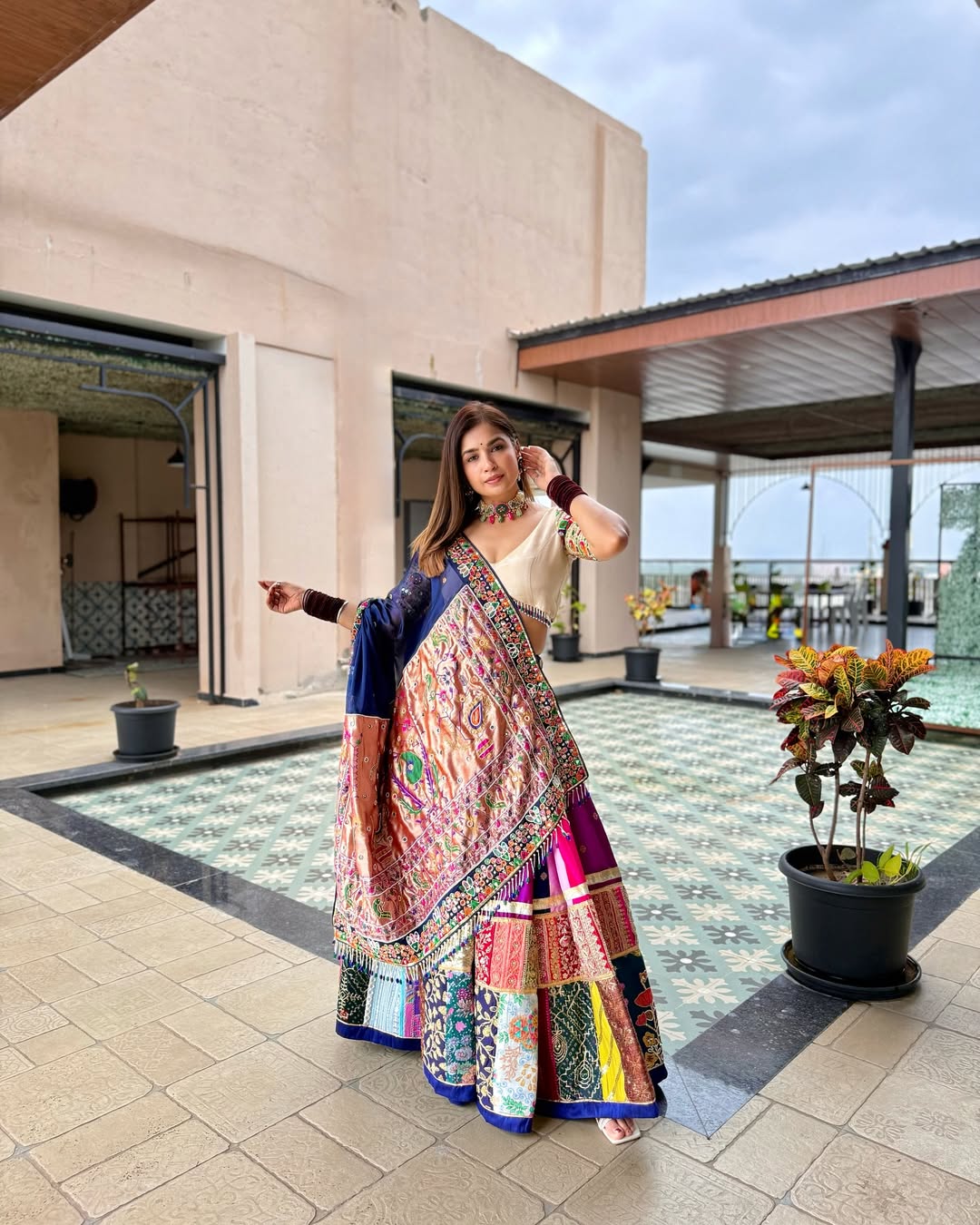 Multi-color patchwork with blue dupatta Lehenga
