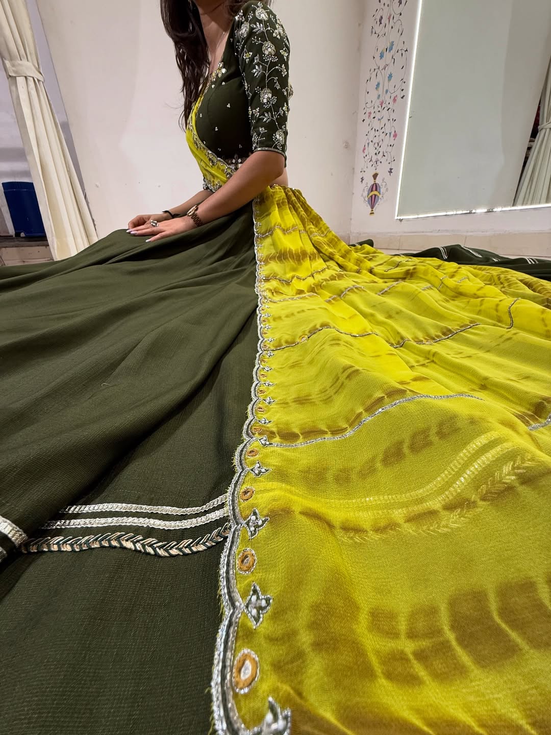 Olive Green Handcrafted Lehenga Set