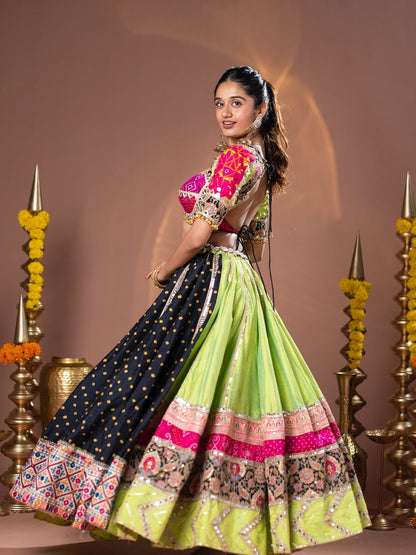 Lime Glow Elegance Patchwork Navratri Lehenga