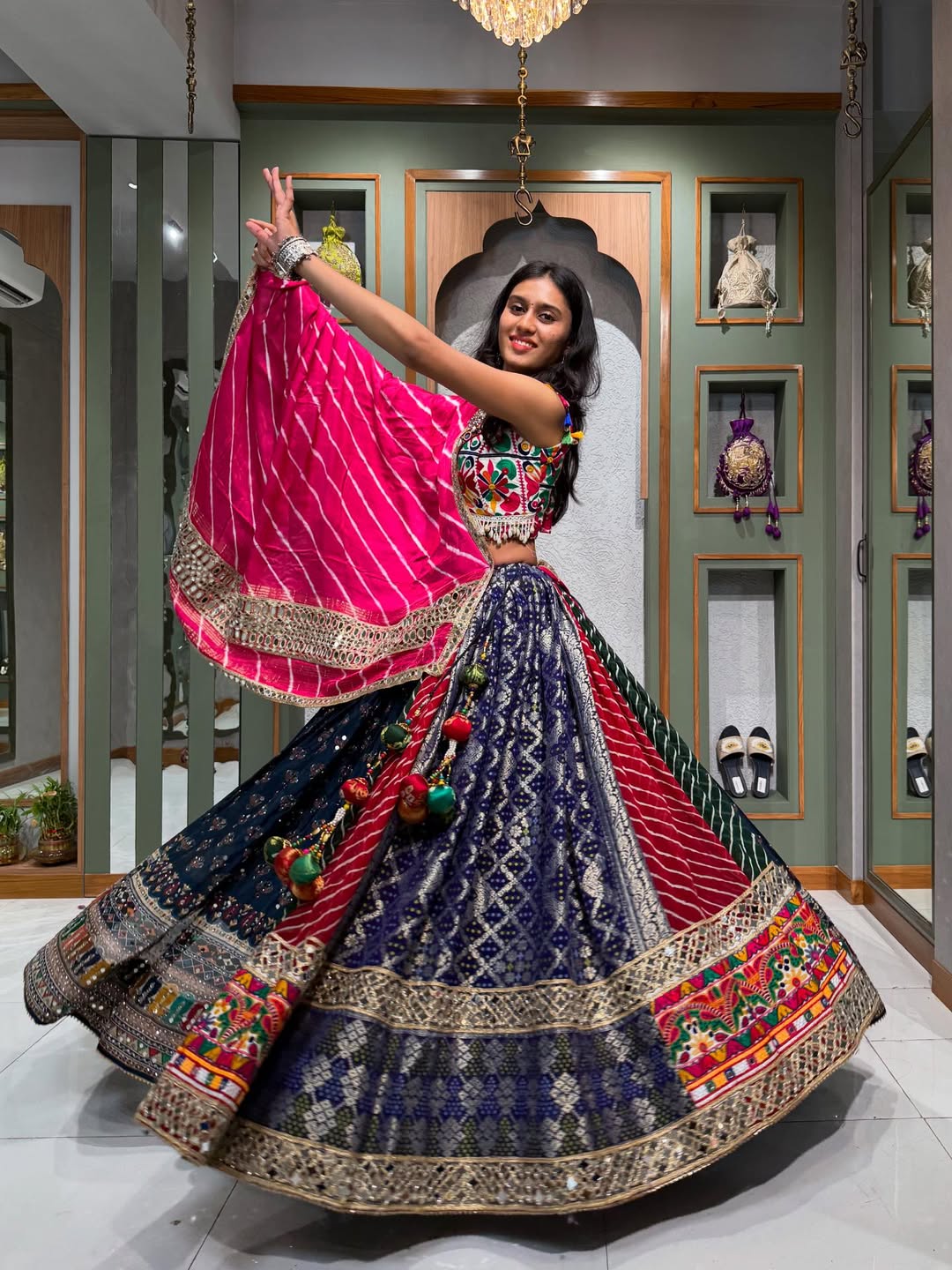 Midnight Blooms  Multicolor Lehenga with Mirror Embroidery