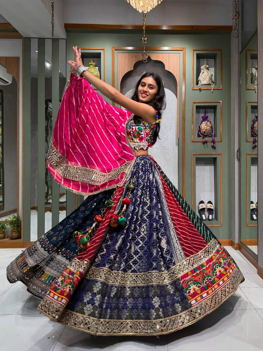 Midnight Blooms  Multicolor Lehenga with Mirror Embroidery