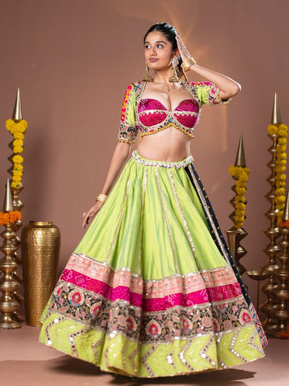 Lime Glow Elegance Patchwork Navratri Lehenga