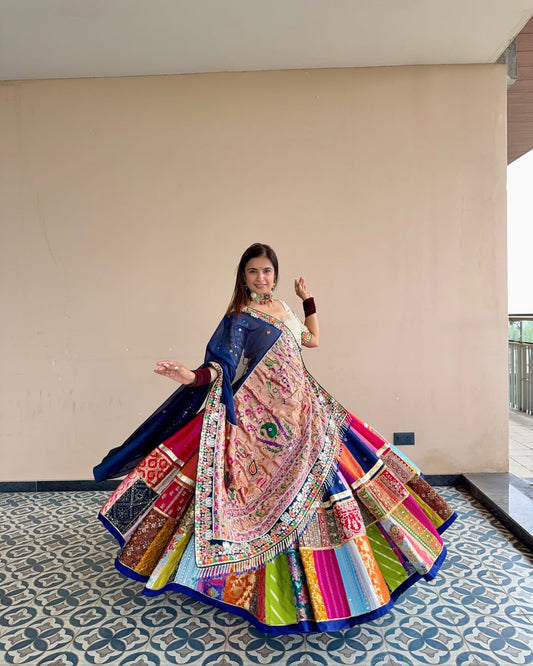 Multi-color patchwork with blue dupatta Lehenga
