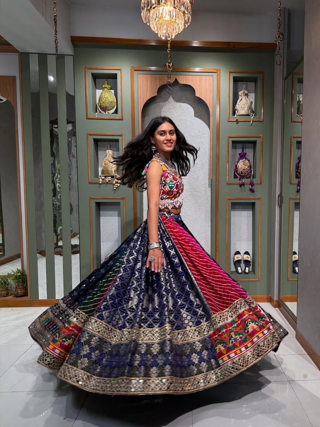 Midnight Blooms  Multicolor Lehenga with Mirror Embroidery