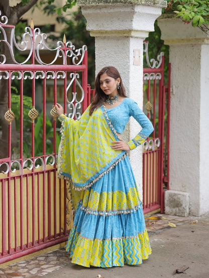 Blue & Yellow Bandhani Style Lehenga